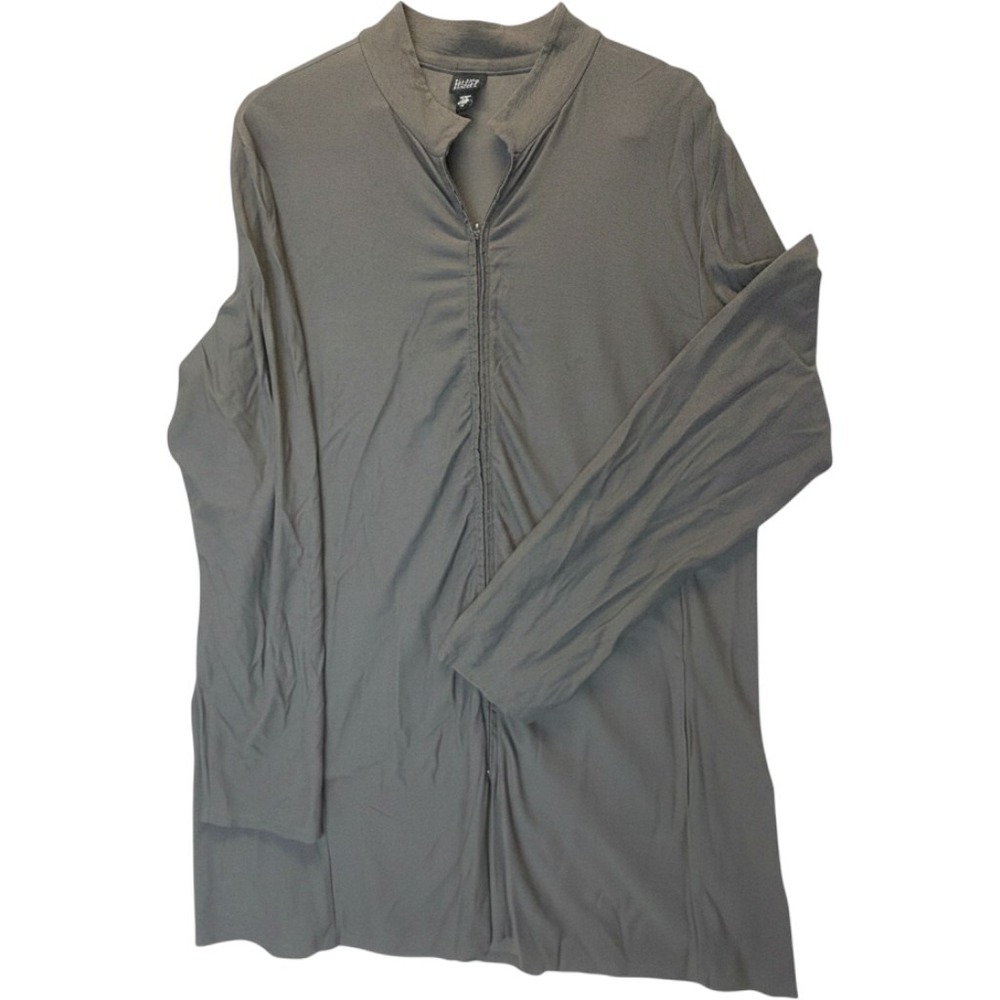 Eileen Fisher Gray Viscose Crepe Full‎ Zip Mock Neck Longline Cardigan Jacket L